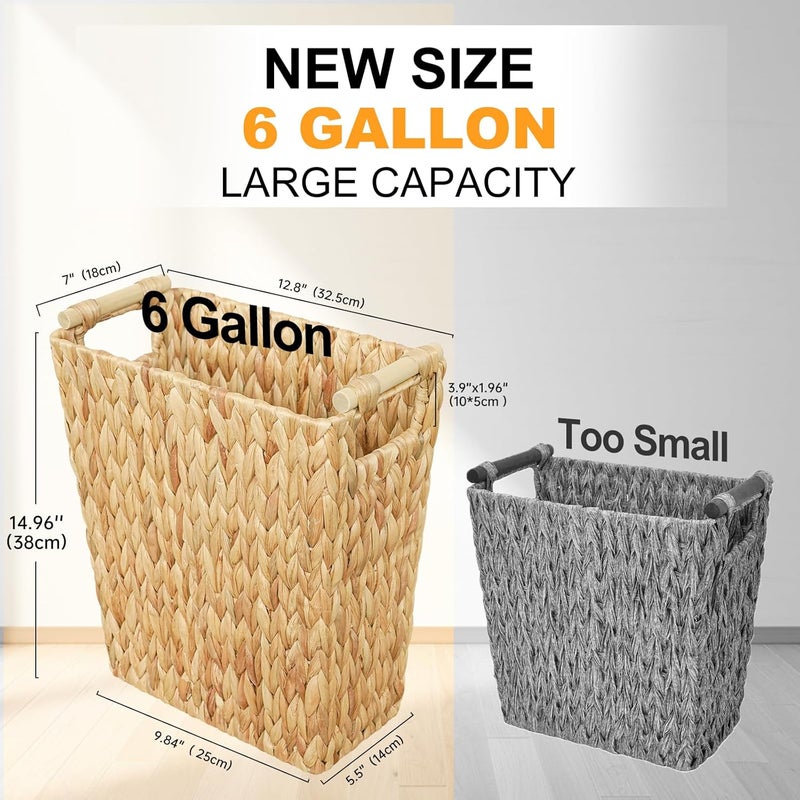 Coeusy 6 Gallon Wicker Trash Can with Wooden Handle,Wicker Waste Basket for Bathroom,Bedroom,Large Narrow Water Hyacinth Trash Basket,Rattan Boho Decor Farmhouse Bathroom Trash Can - Image 2